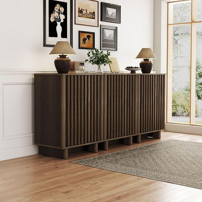 Walnut Storage Cabinet Set, Freestanding Floor Cabinet 23.6” Farmhouse Sideboard with 2 Fluted Doors Wooden Buffet Cabinet Media Console Table Credenza for Living Room Dining Room Hallway, Singe