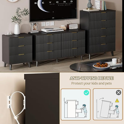 Lulive Black Dresser for Bedroom Wood Tall Dressers Drawers, Fluted Modern Dresser 5 Drawers Black
