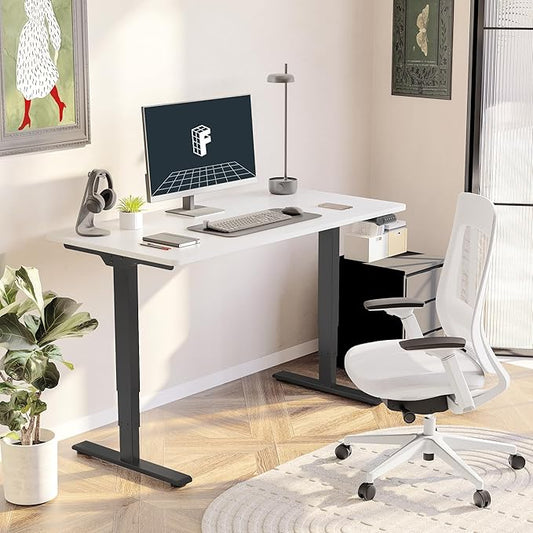 FLEXISPOT E6 Standing Desk 3 Stages Dual Motor Electric 60x24 Inch Whole-Piece Board Height Adjustable Electric Sit Stand Desk(Black Frame + White Desktop, 2 Packages)