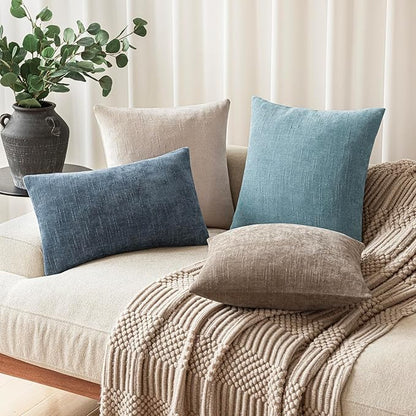 Foindtower Pack of 2 Textured Chenille Throw Decorative Pillow Covers Square Accent Solid Cushion Cover Neutral Farmhouse Pillow Case for Couch Sofa Bedroom Living Room 20x20 Inch,Light Blue
