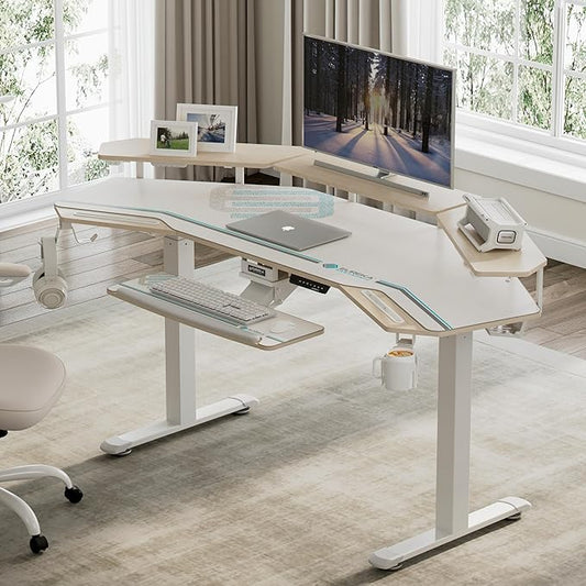 EUREKA ERGONOMIC Standing Desk with Keyboard Tray, Large Music Studio Gaming Desk, Wing Shaped Sit Stand Table 72'', LED Convertible Shelves, Dual Motor&Slot, Maple