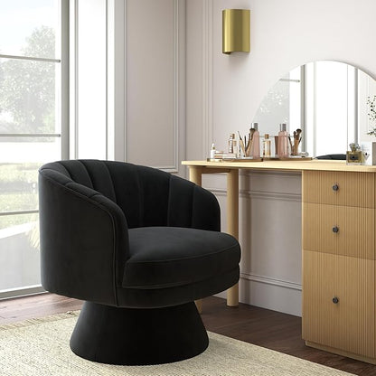 Swivel Accent Chair,Upholstered Velvet 360° Swivel Barrel Chair for Living Room Overstuffed Bouncle Reading Chair Round Armchair for Bedroom,Vanity,Office (Black)