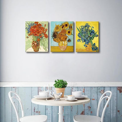 Wieco Art 3 Panels Canvas Prints of Vincent Van Gogh Paintings Reproduction Red Poppies and Daisies Sunflower Irises in Vase Canvas Wall Art for Living Room Home Office Decor