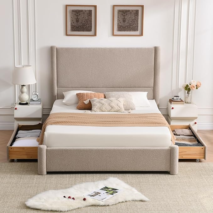 VELOCAVA Queen Size Upholstered Bed Frame with 51.77" Tall Headboard and Soft Rounded Corners, Side Storage Drawers, 12-Slat Support, No Box Spring Needed, Linen-Blend Fabric, Beige