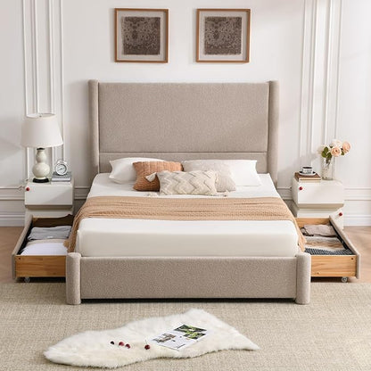 VELOCAVA King Size Upholstered Bed Frame with 51.77" Tall Headboard and Soft Rounded Corners, 2 Storage Drawers, 12-Slat Support, No Box Spring Needed, Linen-Blend Fabric, Beige