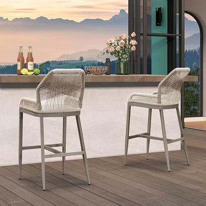 PURPLE LEAF 2 Pieces Bar Stools Patio Modern Rattan Barstools Aluminum Woven Tall Bar Chairs with Cushions for Outdoor Kitchen Island Garden