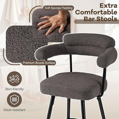COSTWAY Counter Height Bar Stools Set of 4, 27" Swivel Modern Upholstered Counter Chairs with Boucle Fabric, Curved Backrests & Metal Legs, for Kitchen Island, Home, Pub (4, Grey + Black)
