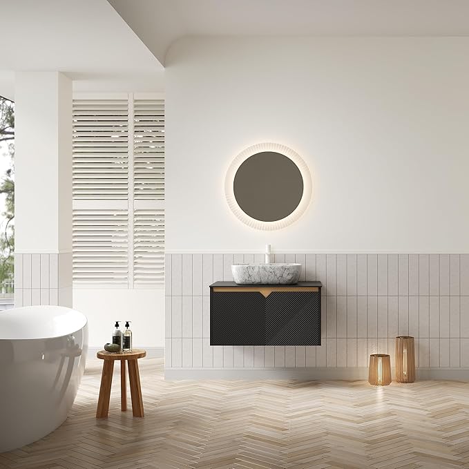 30 Inch Bathroom Vanity with Sink, Floating Fluted Vanity with Vessel Sink, Modern Bathroom Vanity Cabinet with 2 Doors, Marble Pattern Ceramic Sink & Sintered Stone Top, Black