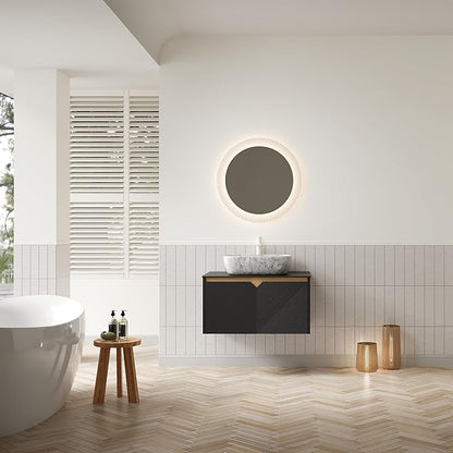 30 Inch Bathroom Vanity with Sink, Floating Fluted Vanity with Vessel Sink, Modern Bathroom Vanity Cabinet with 2 Doors, Marble Pattern Ceramic Sink & Sintered Stone Top, Black