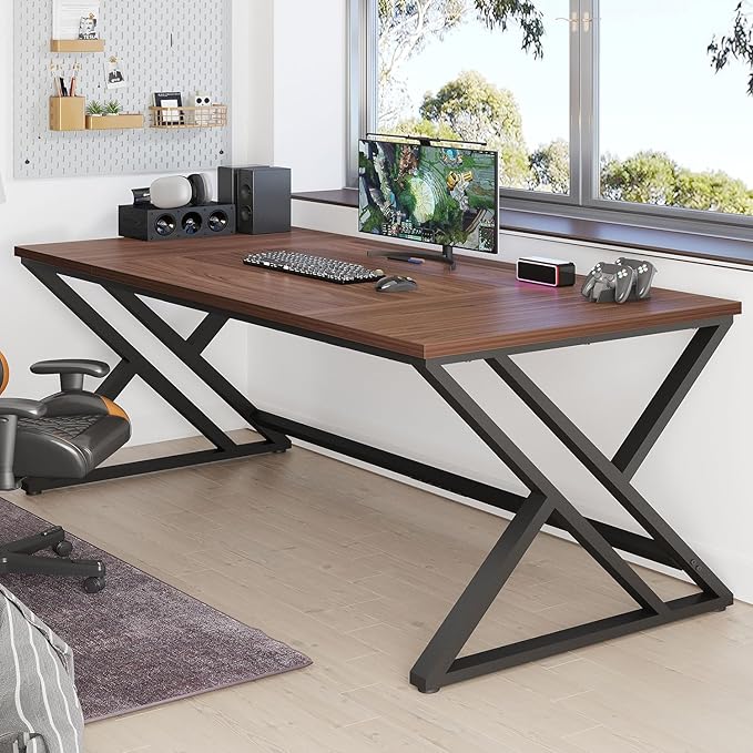 LVB Walnut Large Office Desk, Modern Long Wood Metal Computer Desk, Industrial Rustic Double Workstation Desk for Two People, Vintage PC Executive Work Study Writing Computer Table for Home, 78.7 in
