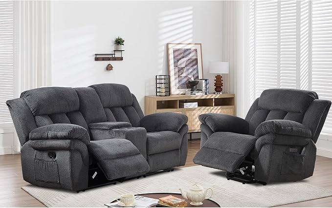 CANMOV Recliner Sofa Set, Oversize Power Lift Recliner Chair and Manual Loveseat with Overstuffed Armrest for Living Room,Bedroom Furniture,Office,1+2 Seat Grey