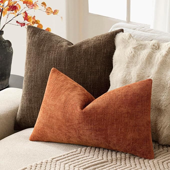 Foindtower Pack of 2 Textured Chenille Throw Decorative Pillow Covers Square Accent Solid Cushion Cover Neutral Farmhouse Lumbar Pillow Case for Couch Sofa Bedroom Living Room 12x20 Inch,Orange