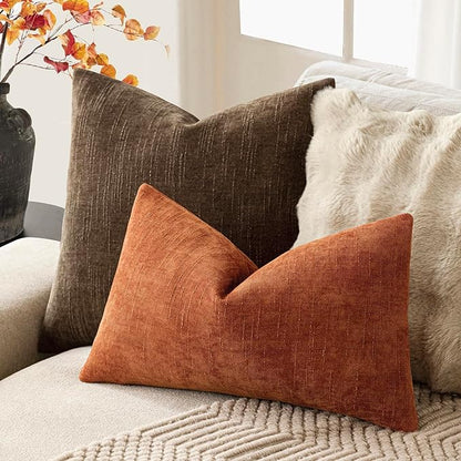 Foindtower Pack of 2 Textured Chenille Throw Decorative Pillow Covers Square Accent Solid Cushion Cover Neutral Farmhouse Lumbar Pillow Case for Couch Sofa Bedroom Living Room 12x20 Inch,Orange