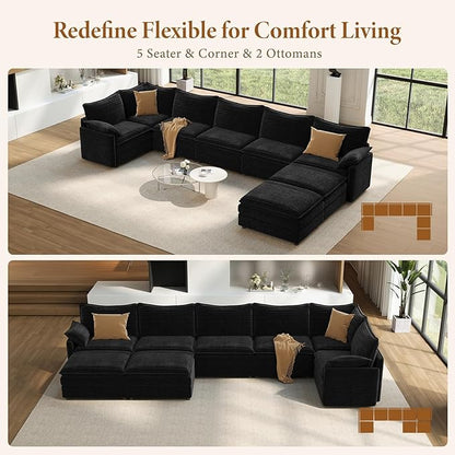 Vesgantti Large Modular Sectional Sofa, Big Comfy Cloud Couch with Ottoman Deep Seat Corduroy Cloud Sofa, 8 Seater Large Sectional Couches for Living Room, Bedroom and Apartment, Black