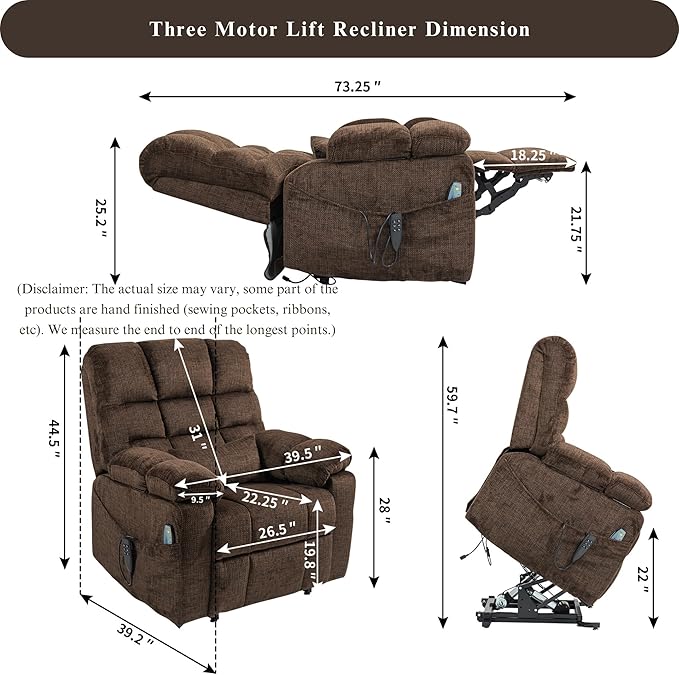 3-Motor Lift Chair with Adjustable Seat Height Zero Gravity Lay Flat Recliner with Heat Massage, Big Man Lift Recliners 400 lbs for Elderly Storage Cup Holders, Tall Man Recliner