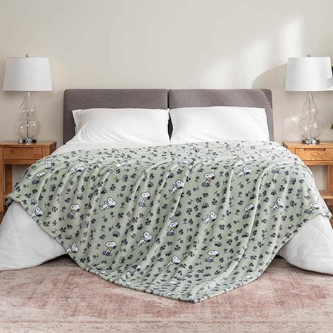 Berkshire Blanket Peanuts® VelvetLoft® Cute Character Snoopy Plush Blanket,Peanuts Snoopy & Woodstock New Flower and Bees Sage,King 90 in x 108 in (Official Peanuts® Product)