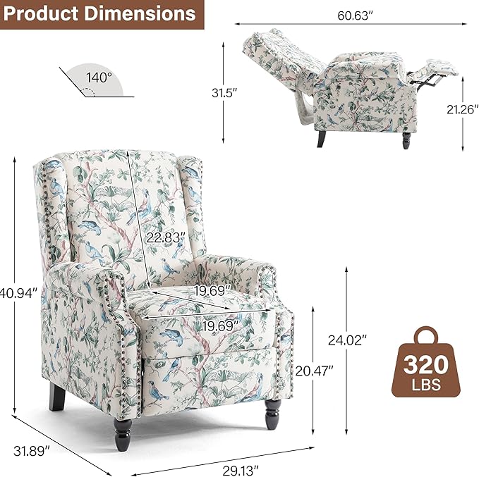 Pushback Recliner Chair Set of 2, Floral Fabric Wingback Recliner Chair, Upholstered Armchair Push Back Recliner, Rivet Trim Single Sofa Accent Chair with Wood Legs for Living Room, Bird