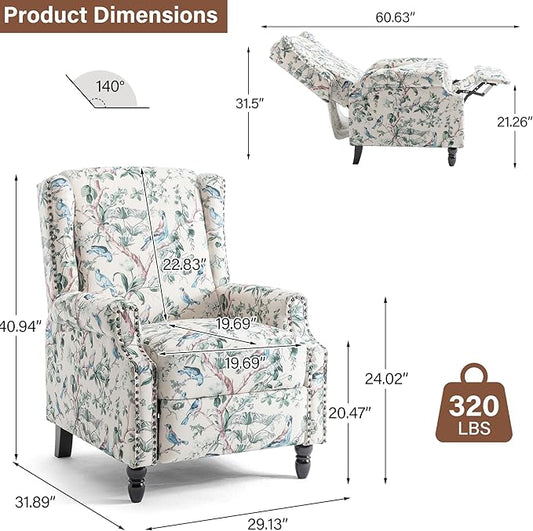 Pushback Recliner Chair Set of 2, Floral Fabric Wingback Recliner Chair, Upholstered Armchair Push Back Recliner, Rivet Trim Single Sofa Accent Chair with Wood Legs for Living Room, Bird