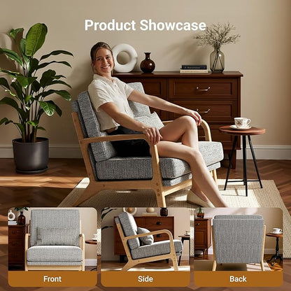 Claiks Mid-Century Modern Accent Chair, Living Room Armchair with Solid Wood Frame & Lumbar Pillow, Comfy Upholstered Lounge Chair for Bedroom, Office, Linen-Like Fabric, Dark Gray