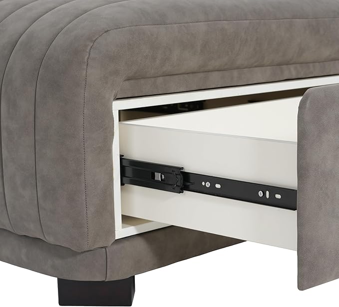 Christopher Knight Home Reyno Upholstered Ottoman with Storage for Living Room, Faux Leather Storage Ottoman Foot Rest with Side Drawers, Modern Square Coffee Table with Wooden Frame, Grey
