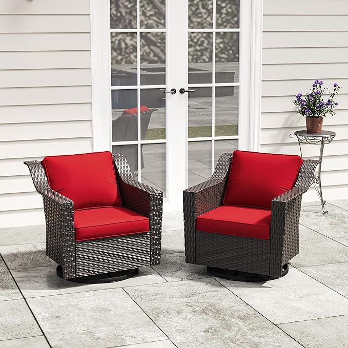Patio 2 Pieces Wicker Swivel Chairs Set of 2，Outdoor PE Rattan Rocking Glider Armchairs, Water-Resistant Cushions with Removable and Washable Covers, Porch, Balcony, Sunroom (RED)