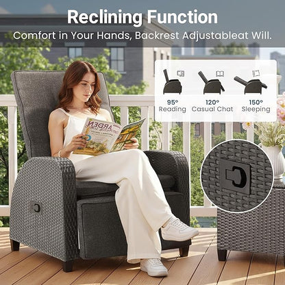 Green4ever 3-Peices Outdoor Patio Recliner with Independently Adjustable Backrest, All-Weather Wicker Patio Chair with Side Table, 160° Lay Flat Patio Reclining Lounge Chair for Backyard Garden, Grey
