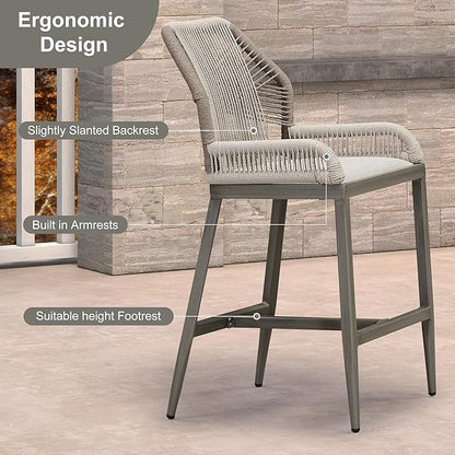PURPLE LEAF 2 Pieces Counter Height Bar Stools Patio Boho Rattan Barstools Aluminum Woven Bar Chairs with Cushions for Outdoor Kitchen Island Garden