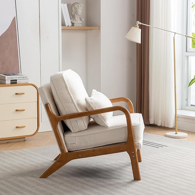 Mid-Century Accent Chair,Sherpa Fabric Lounge Chair with Wide Armrest,Sherpa Fabric Armchair with Lumbar Pillow & Solid Wood Frame for Living Room, Bedroom, Balcony(White)