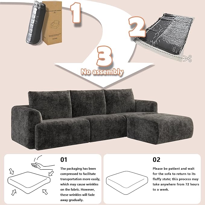 EASE MOOSE Boneless Modular Cloud Couch, Oversized U-Shaped Sectional Sofa for Living Room with Ottoman, Extra Large Movable Couches, 6-Deep-Seat Sofas for Bedroom, Apartment, Chenille (Dark Grey)