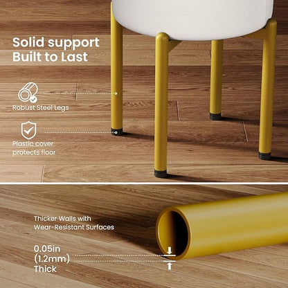 18-Inch Leather Vanity Stool Chair with Storage, Vanity Bench with 4 Golden Metal Legs & Anti-Slip Adjustable Feet,Round Storage Ottoman Stool with Removable Soft Padded Seat, White