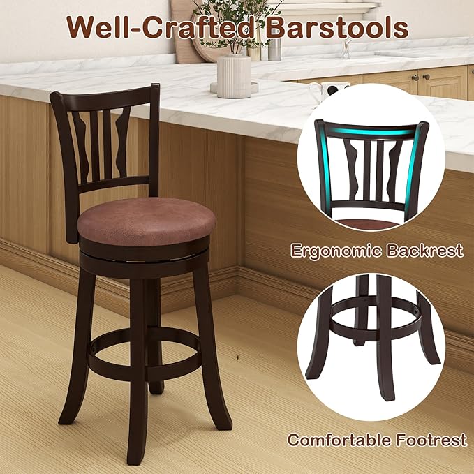 COSTWAY 26" Counter Height Stools Set of 2, Swivel High-Top Chairs with Backrest & Faux Leather Padded Seat, Rubber Wood Counter Barstools with Footrest for Kitchen, Dining Room, Pub (2,26'')