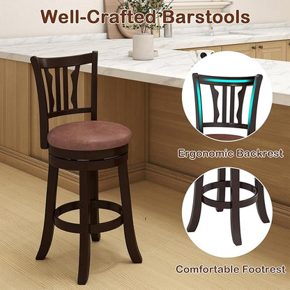 COSTWAY 26" Counter Height Stools Set of 4, Swivel High-Top Chairs with Backrest & Faux Leather Padded Seat, Rubber Wood Counter Barstools with Footrest for Kitchen, Dining Room, Pub (4,26'')
