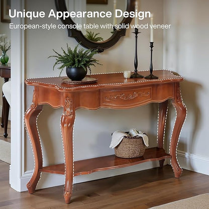 Tribesigns Vintage Console Table with Solid Wood Veneer, 47.2-Inch Mid-Century Modern Entryway Table with 2 Shelves, Victorian Furniture for Living Room, Hallway, Entrance, Foyer (Walnut)
