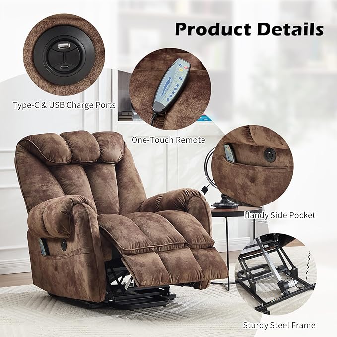 CANMOV Power Lift Recliner Chair for Elderly with Massage & Heat, Overstuffed Recliner Chairs for Adults, Electric Recliners with Type-C & USB Port, Side Pockets, for Living Room, Brown