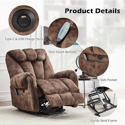 CANMOV Power Lift Recliner Chair for Elderly with Massage & Heat, Overstuffed Recliner Chairs for Adults, Electric Recliners with Type-C & USB Port, Side Pockets, for Living Room, Brown