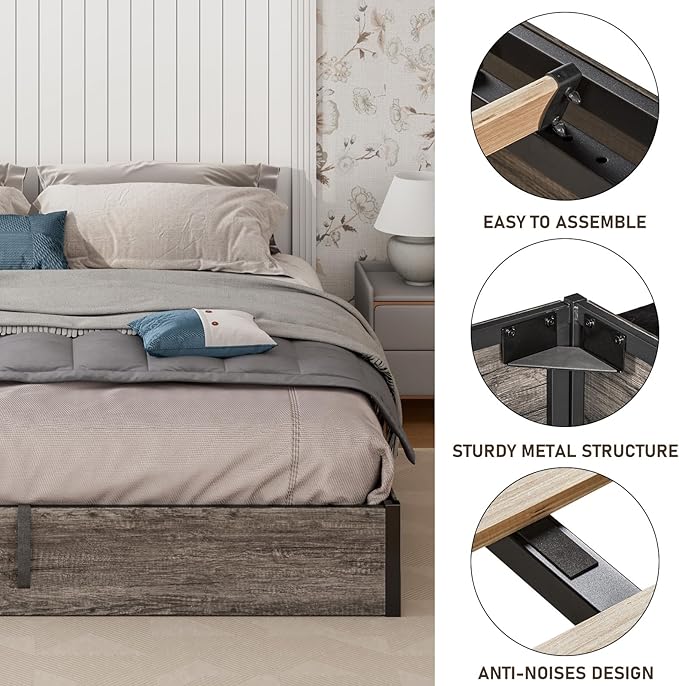 Lift Up Storage Bed Frame, King Size Wooden Platform Bed with Large Storage Underneath, No Box Spring Needed, Noise Free, Rustic Grey