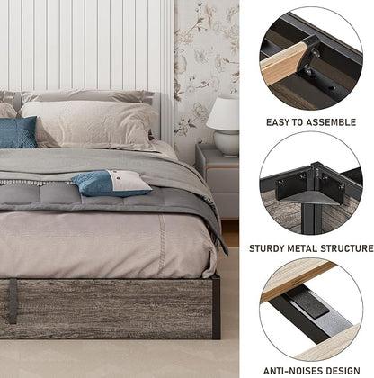 Lift Up Storage Bed Frame, King Size Wooden Platform Bed with Large Storage Underneath, No Box Spring Needed, Noise Free, Rustic Grey