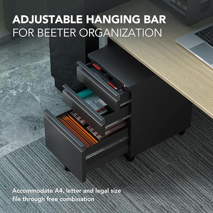 FLEXISPOT 3-Drawer Mobile File Cabinet for Home Office - Under Desk Storage, Locking Keys, Organizer for Legal/Letter/A4 Files, Black