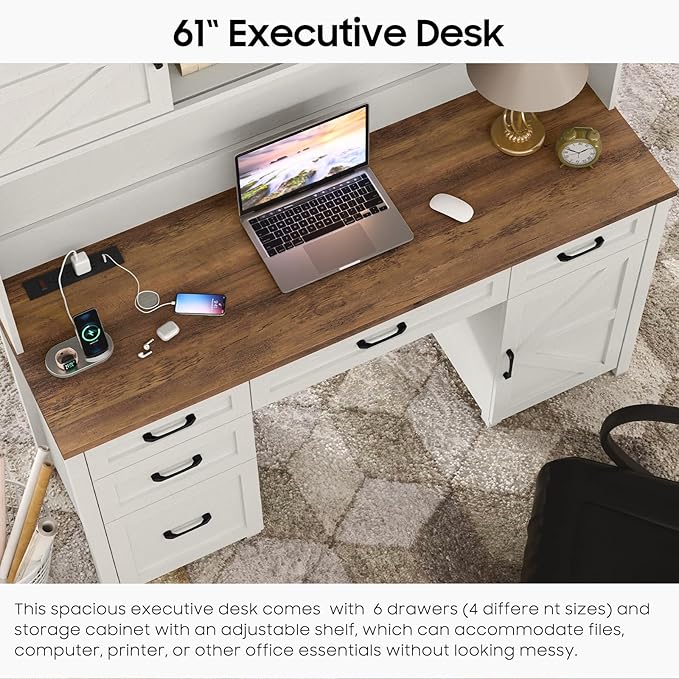 Farmhouse 67" H Executive Desk with Hutch,Office Desks with 5 Drawers, Computer Desk with Storage Cabinet & File Drawers and Charging Station, Wood Workstation for Home Office,Study.(Unique White).