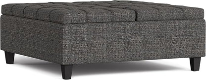 SIMPLIHOME Harrison 40 inch Wide Transitional Square Large Coffee Table Storage Ottoman in Ebony Polyester Tweed, Assembled, for The Living Room and Bedroom