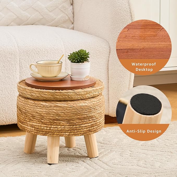 Cpintltr Storage Ottoman Poufs Handwoven Footstool Natural Seagrass Round Footrest Stool with 4 Wood Legs Soft Padded Outdoor Seat for Hallway Lounge Bedroom Garden