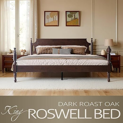 King Size Solid Wood Platform Bed Frame with Headboard & Footboard, 12 Strong Slats Base, Central Metal Legs, No Box Spring Needed, Easy Assembly, Anti-Noise & Slip-Free, Dark Roast Oak Finish, ROK-32