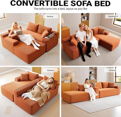 108" Cloud Sectional Couch,Modern Modular Sectional Sofa with Deep Seat,Corduroy Boneless Couches with L-Shape Chaise for Living Room,No Assembly Required (Orange, Right Facing Chaise)