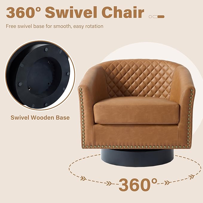 Pia Ricco Faux Leather Swivel Barrel Accent Chairs, 360° Swivel Round Single Sofa Chair, Comfy Upholstered Club Armchair with Nailhead Trim for Living Room/Reading Room/Bedroom, Coffee
