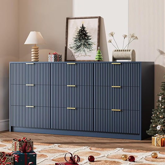 Navy Dresser for Bedroom, 9 Drawer Double Dresser, Modern Chest of Drawers for Bedroom, Living Room, Entryway and Closet, 63" L x 15.7" D x 31.5" H