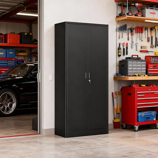 BESFUR Metal Storage Cabinet with 5 Adjustable Shelves and 2 Lockable Doors, 71" Black Garage Storage Cabinet, Locking Cabinet with for Office, School, Garage