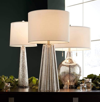 Possini Euro Design Louie 28 1/2" Tall Modern Luxe End Table Lamp Silver Mercury Glass Single Fabric White Shade Living Room Bedroom Bedside Nightstand House Office Home Reading Kitchen Entryway