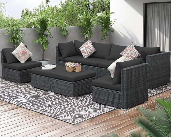 NICESOUL 8 Seater Modern Luxury Outdoor Furniture Set, Extra Large PE Wicker Patio Modular Sectional Sofa with Ottoman, 29.3'' High Back L-Shaped All-Weather Conversations, Deep Seated Grey Color