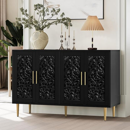 ARTPOWER 47.8" Accent Cabinet with 4 Doors, Vintage Hollow Carving Buffet Cabinet, Sideboards and Buffets with Storage, Credenza for Living Room, Kitchen, Dining Room, Entryway, Hallway, Black