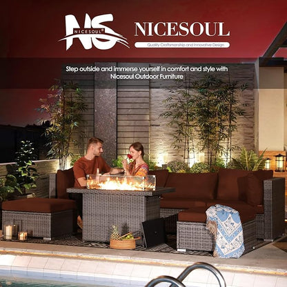NICESOUL 9 Piece Large Patio Furniture Set with Fire Pit Table Propane/Natural Gas, 29.3'' High Back Wicker Outdoor Sectional Sofas, Wide Conversations for Heavy Weight, 2 Color Cushions Wine & Gray